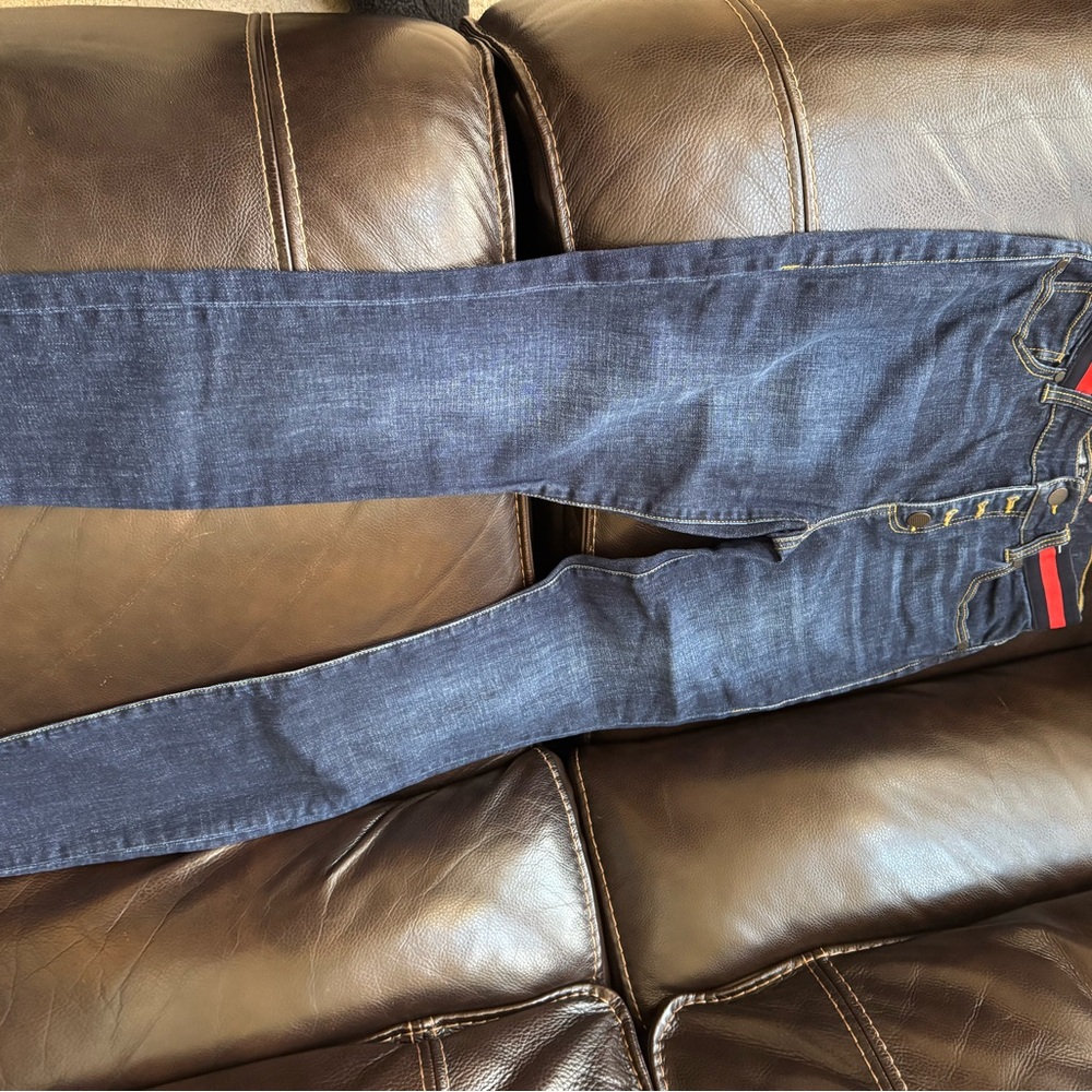 CAbi Navy Skinny Jeans with Red Accents